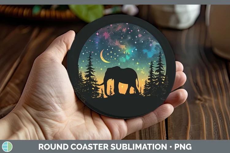 Northern Lights Elephant Round Coaster Sublimation Coaster D