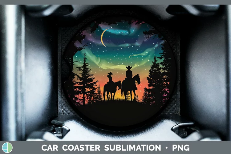 Northern Lights Horseback Couple Car Coaster Sublimation Coa