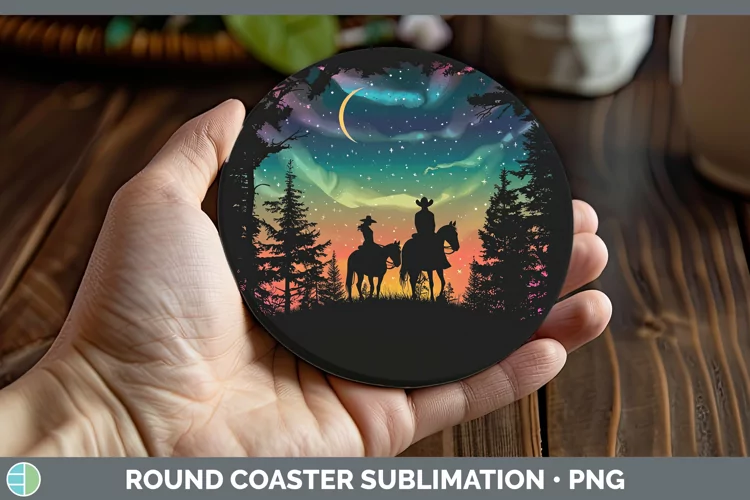 Northern Lights Horseback Couple Round Coaster Sublimation C