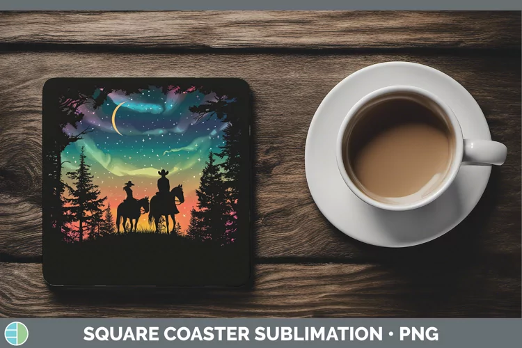 Northern Lights Horseback Couple Square Coaster Sublimation
