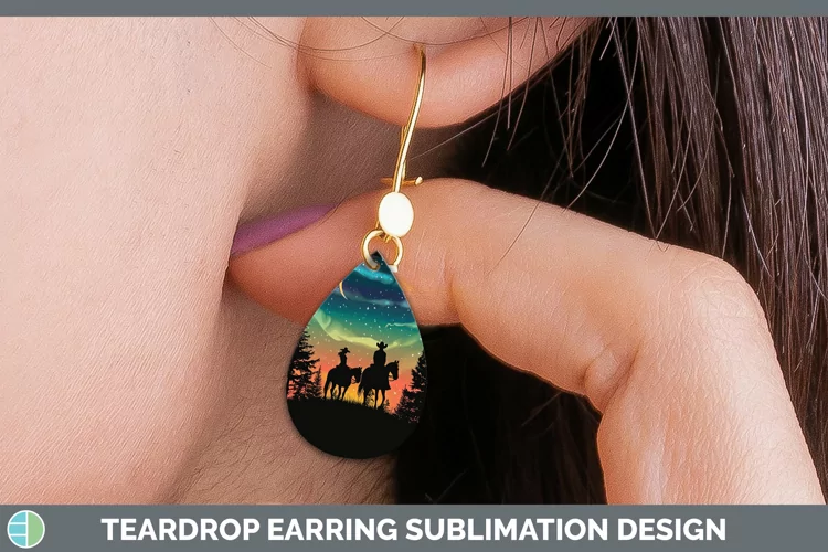 Northern Lights Horseback Couple Teardrop Earrings Sublimati