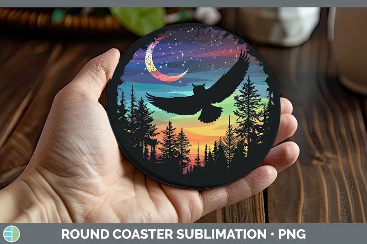 Northern Lights Owl Round Coaster Sublimation Coaster Design