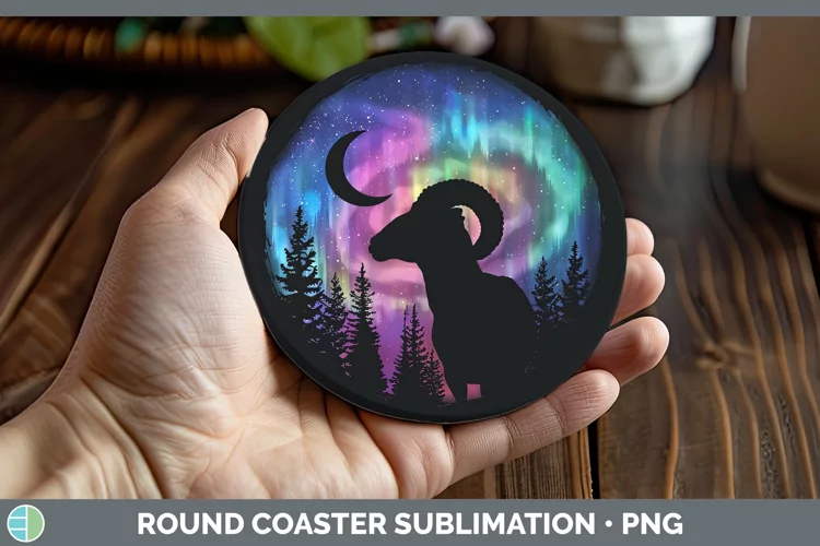 Northern Lights Ram Round Coaster Sublimation Coaster Design