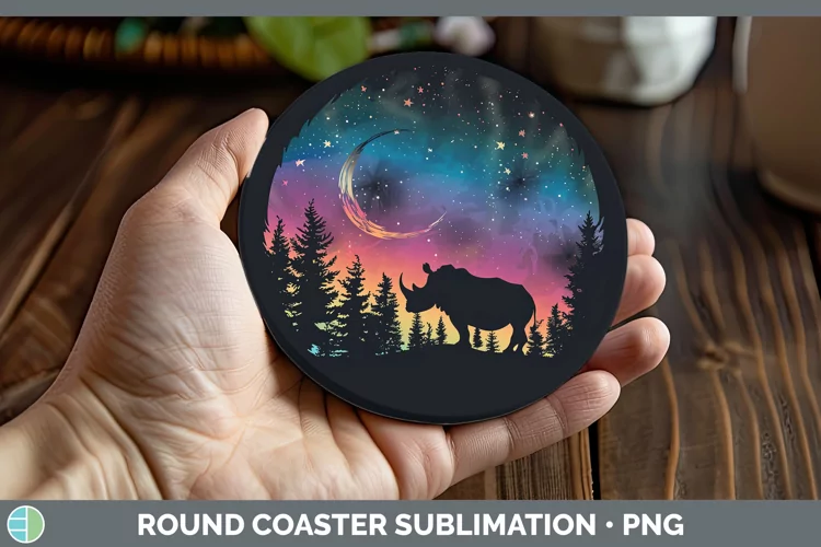 Northern Lights Rhino Round Coaster Sublimation Coaster Desi