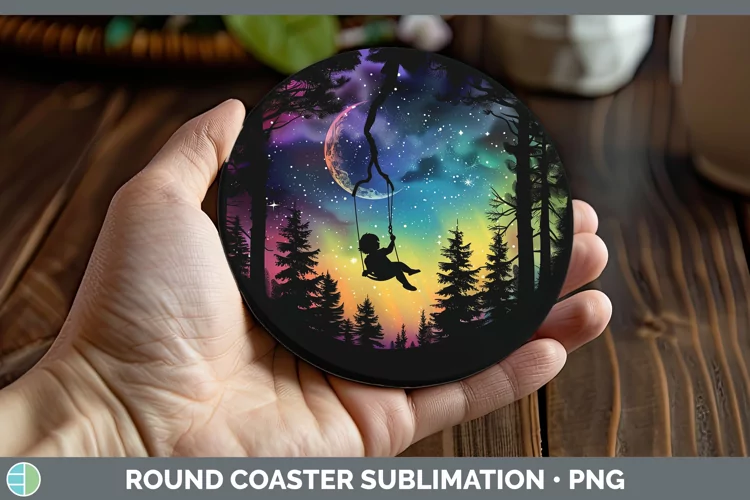 Northern Lights Tree Swing Child Round Coaster Sublimation C
