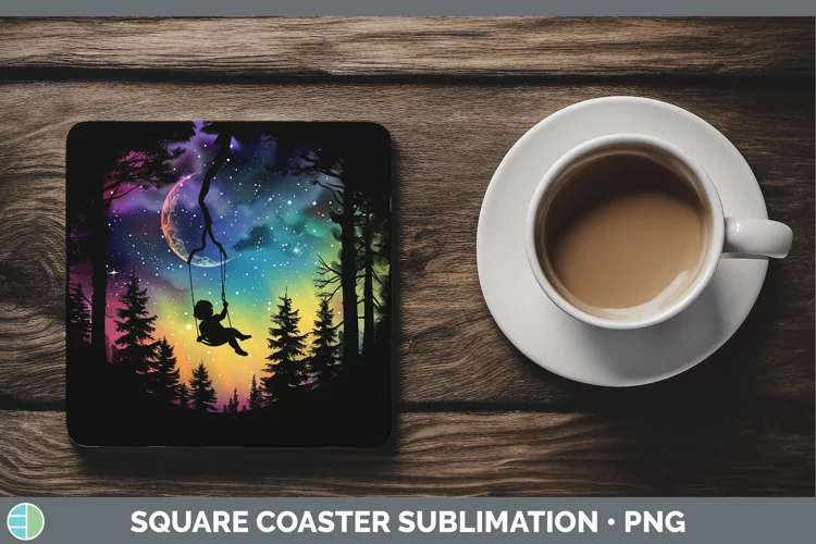 Northern Lights Tree Swing Child Square Coaster Sublimation