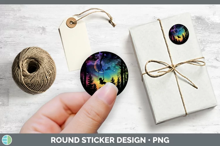 Northern Lights Tree Swing Child Stickers | Round Labels Des