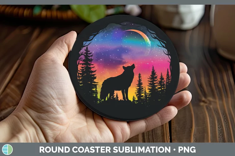 Northern Lights Wolf Round Coaster Sublimation Coaster Desig