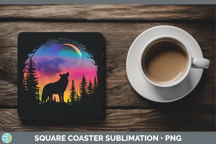 Northern Lights Wolf Square Coaster Sublimation Coaster Desi