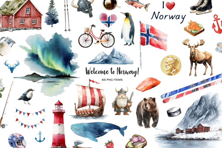 Watercolor Norway clipart Norwegian items and symbols