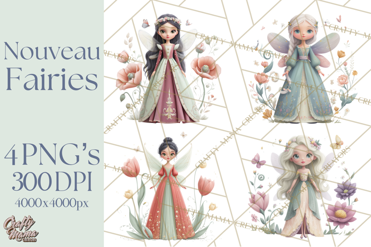 Art Nouveau Floral Fairies Clipart PNG, Flower Fairy Png