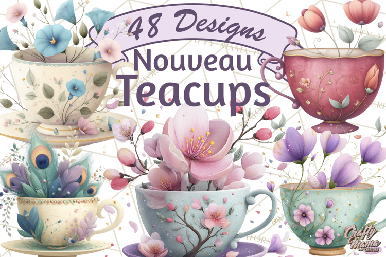 Art Nouveau Teacups and Teapots Clipart PNG