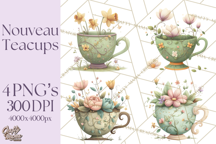 Art Nouveau Teacups and Teapots Clipart PNG