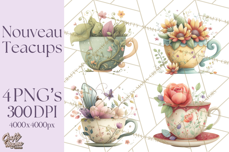 Art Nouveau Teacups and Teapots Clipart PNG