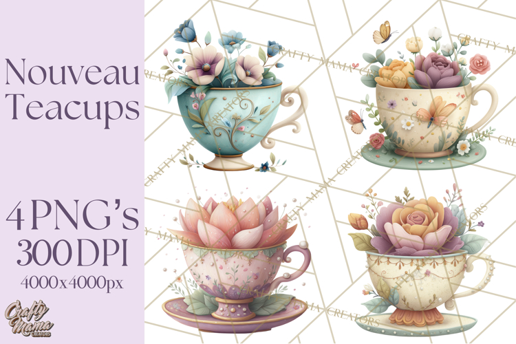Art Nouveau Teacups and Teapots Clipart PNG