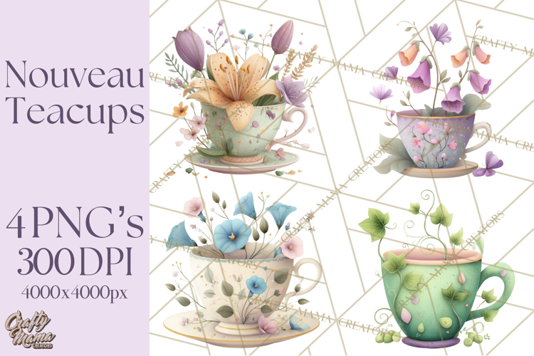 Art Nouveau Teacups and Teapots Clipart PNG