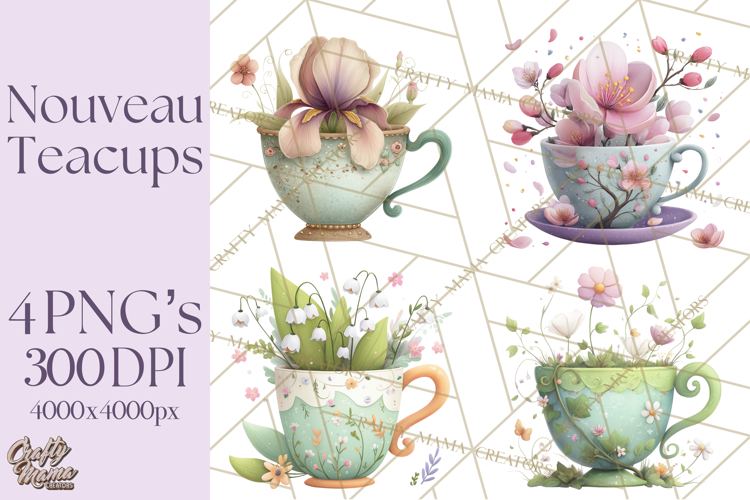 Art Nouveau Teacups and Teapots Clipart PNG