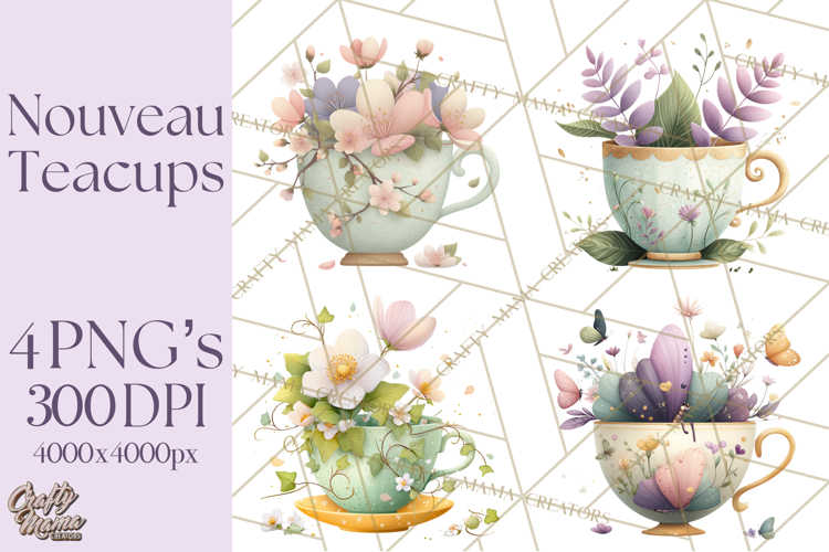 Art Nouveau Teacups and Teapots Clipart PNG