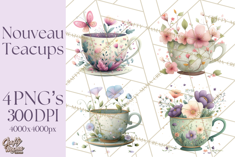Art Nouveau Teacups and Teapots Clipart PNG