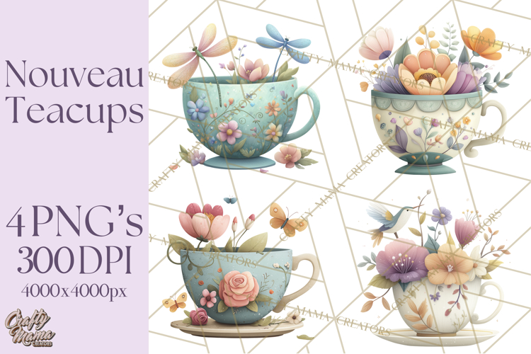 Art Nouveau Teacups and Teapots Clipart PNG