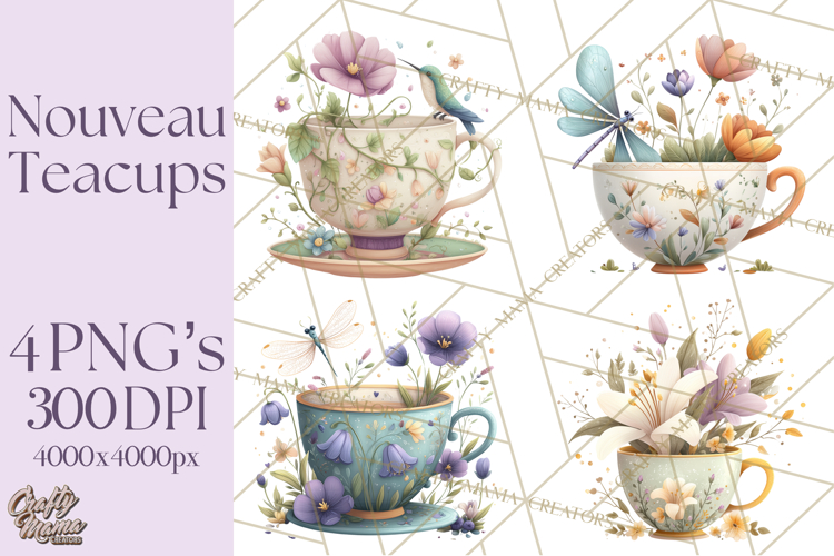 Art Nouveau Teacups and Teapots Clipart PNG