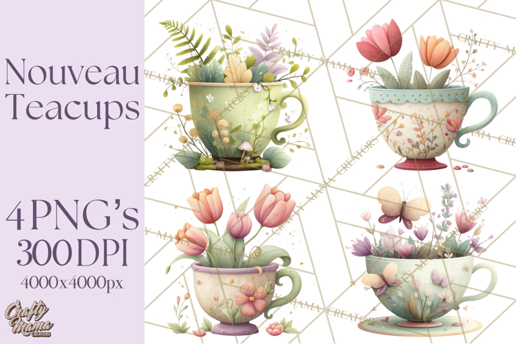 Art Nouveau Teacups and Teapots Clipart PNG