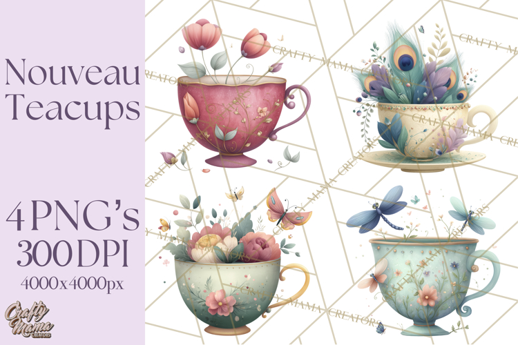 Art Nouveau Teacups and Teapots Clipart PNG