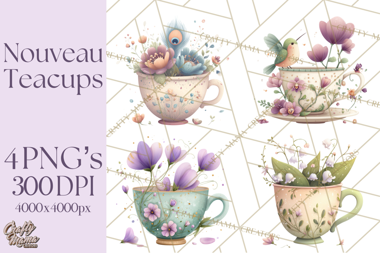 Art Nouveau Teacups and Teapots Clipart PNG