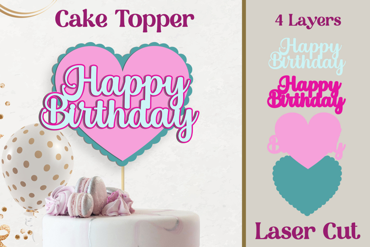 3D Happy Birthday Cake Topper, Heart Cake Topper Layered