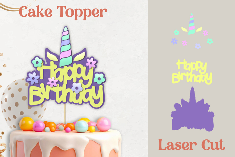 Unicorn Birthday cake topper, 3d layered Happy Birthday