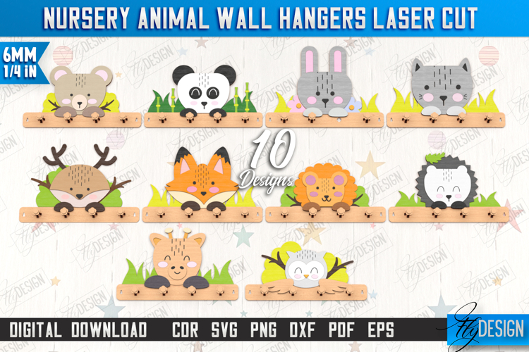 Nursery Animal Wall Hangers Laser Cut Bundle, Wall Hooks SVG example image 1