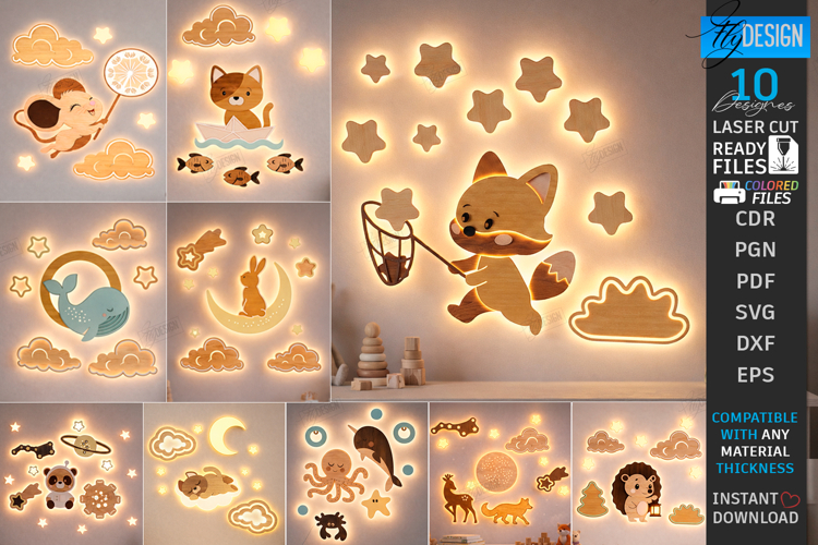 Nursery Luminous Wall Décor Laser Cut Bundle | Night Light