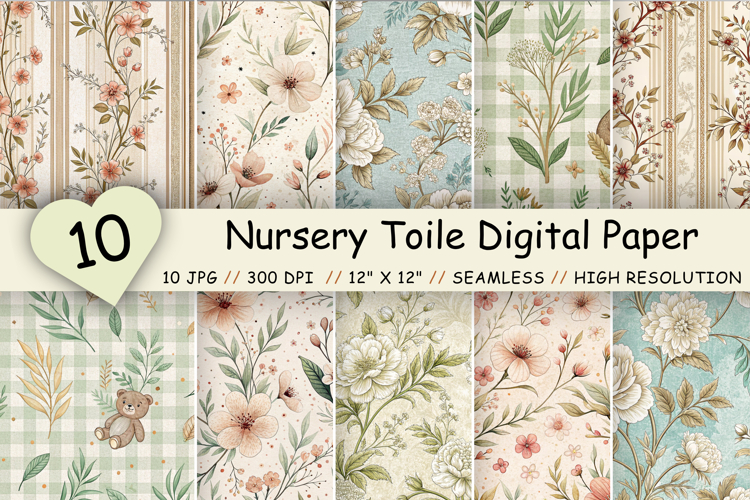 Nursery Toile Digital Paper Pack, Vintage Floral Toile