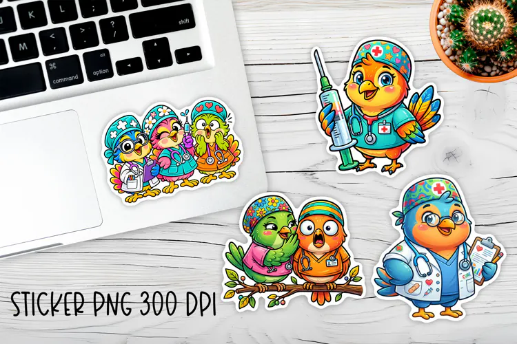 Colorful Nurse Bird Stickers PNG Printable