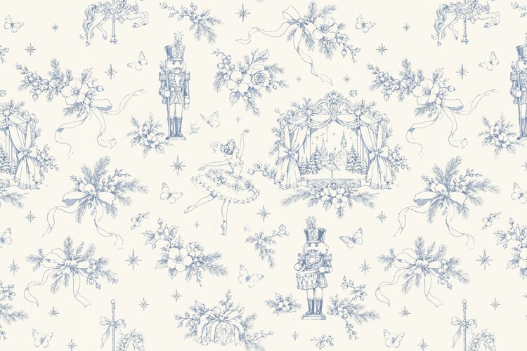 Vintage Blue Nutcracker Ballet Toile de Jouy Seamless Patter example image 1