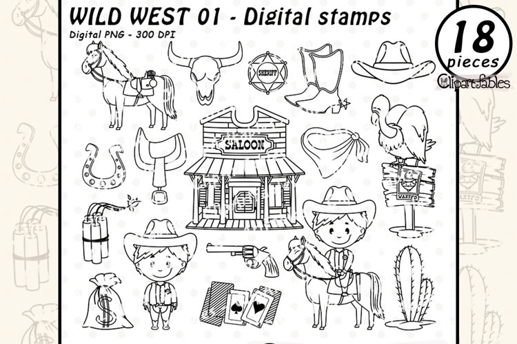 WILD WEST digital stamps, Western, Saloon, Cowboy outline