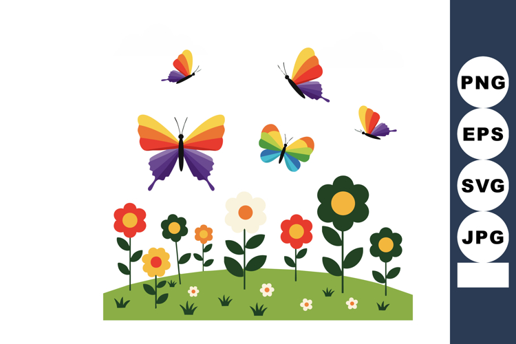 Colorful butterflies and multicolored flowers vector illustr