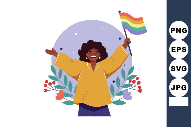 Woman celebrating with rainbow pride flag and colorful flora