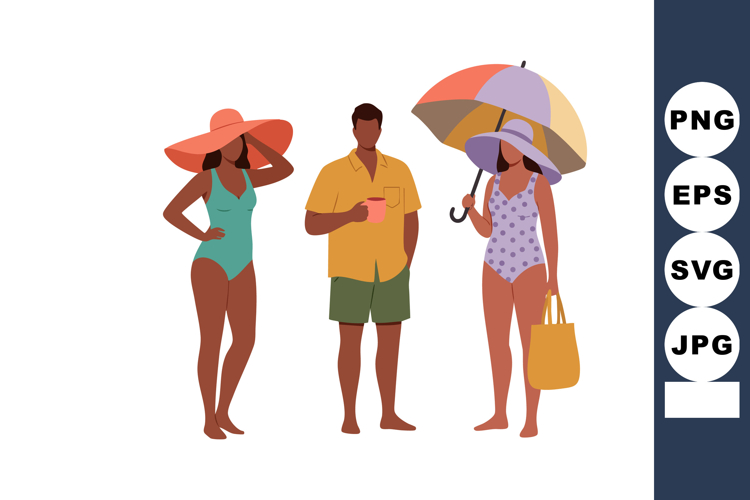 Group of people in summer swimwear with umbrella and coffee