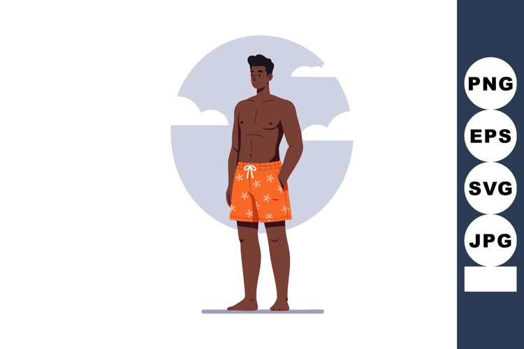 Young man standing in orange floral swim trunks summer beach