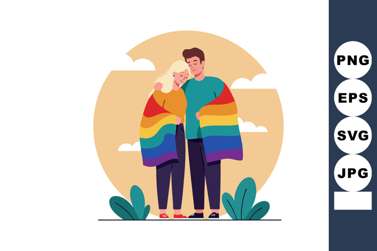 Couple Embracing Together Wrapped in Rainbow Flag Symbolizin