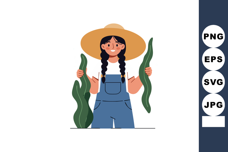 Female Farmer Holding Green Vegetables Wearing Wide Brim Hat