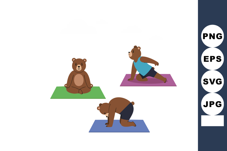 Bear Characters Performing Yoga Poses on Colorful Mats Vecto