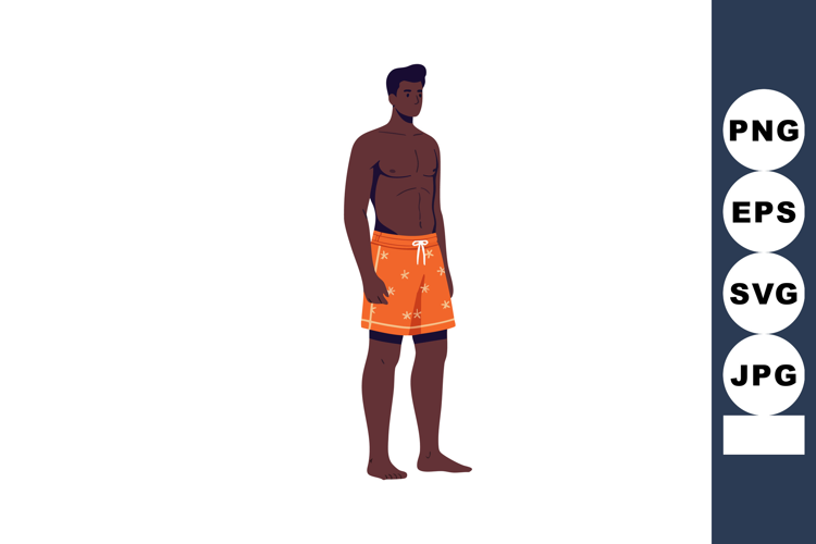 Dark skinned man wearing orange floral swim shorts standing