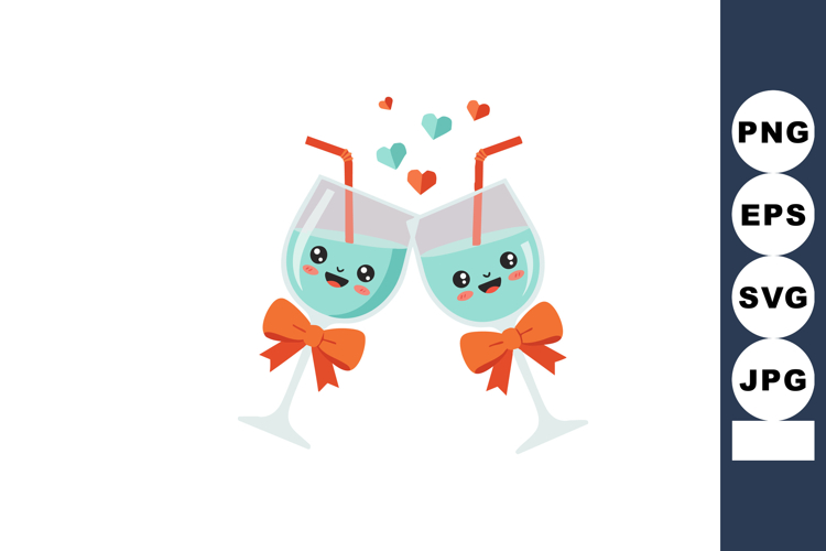 Two Cute Cartoon Glasses Clinking with Orange Bows and Heart
