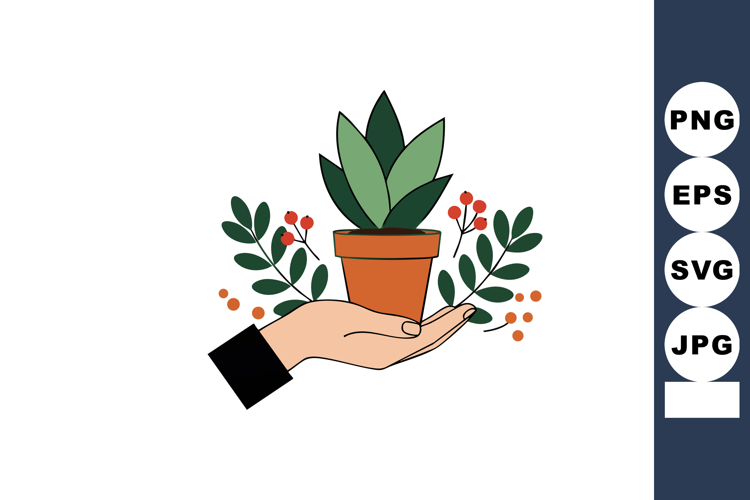 Hand Holding Potted Green Plant with Leaves and Orange Berri