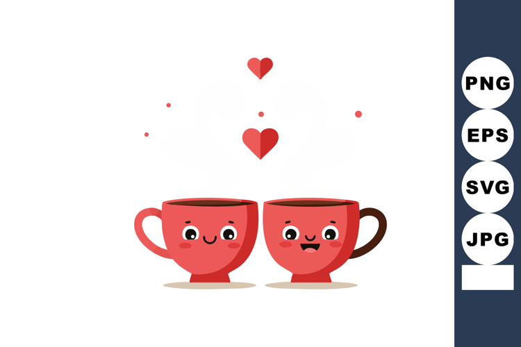 Cute red coffee cups with smiling faces and floating hearts