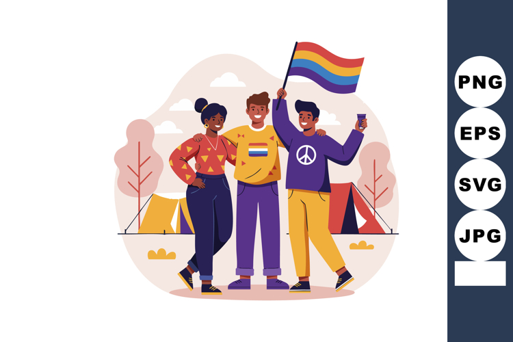 Diverse group celebrating pride with rainbow flag at outdoor