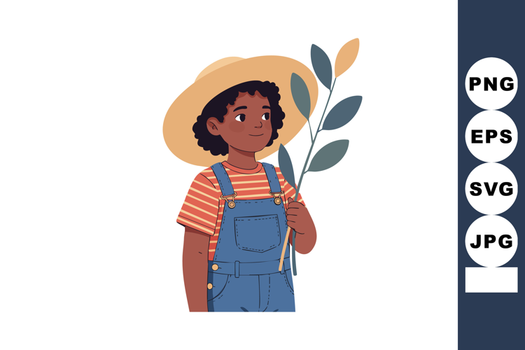 Child holding leafy branch wearing straw hat and striped shi