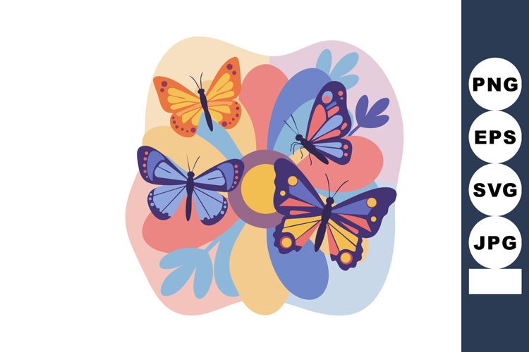 Colorful butterflies flying around abstract flower with oran example image 1